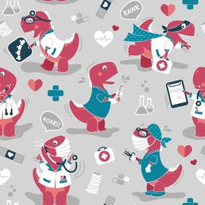 Small scale // The good reptile // grey background red t-rex dinosaur doctors or nurses