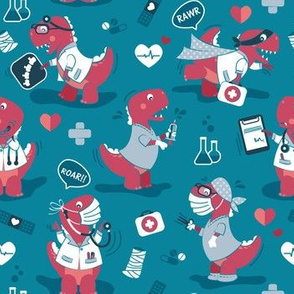 Small scale // The good reptile // turquoise background red t-rex dinosaur doctors or nurses