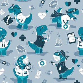 Small scale // The good reptile // pastel blue background teal t-rex dinosaur doctors or nurses