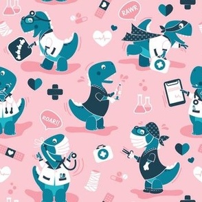 Small scale // The good reptile // pastel pink background teal t-rex dinosaur doctors or nurses