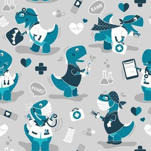 Small scale // The good reptile // grey background teal t-rex dinosaur doctors or nurses