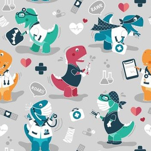 Small scale // The good reptile // grey background red teal green and orange t-rex dinosaur doctors or nurses