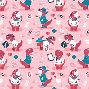 Tiny scale // The good reptile // pastel pink background red t-rex dinosaur doctors or nurses
