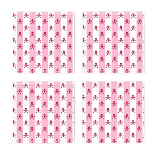 red skull and crossbones on one inch stripe - pink and white 