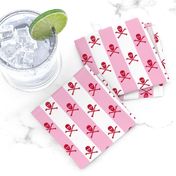 red skull and crossbones on one inch stripe - pink and white 