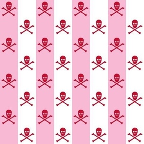 red skull and crossbones on one inch stripe - pink and white 