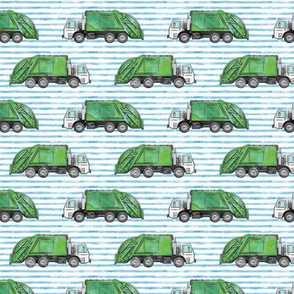 Garbage truck / trash trucks - green on blue stripes - LAD20