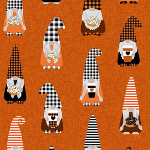 LARGE fall gnomes fabric - tomten fabric, pumpkin spice coffees and donuts - buffalo plaid orange