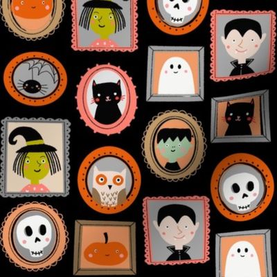halloween portraits - cute kids illustration fabric by andrea lauren - black
