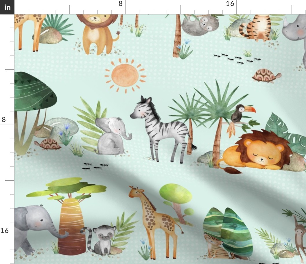 XL 24" Jungle Walk (soft mint) Wild Animal Safari, Lion Elephant Giraffe Zebra Rhino Cheetah, 24” repeat