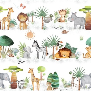 18" Jungle Walk - Wild Animal Safari, Lion Elephant Giraffe Zebra Rhino Cheetah, 18” repeat