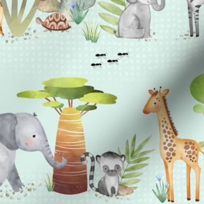 18” Jungle Walk (soft mint) Wild Animal Safari, Lion Elephant Giraffe Zebra Rhino Cheetah, 18” repeat