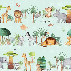 18” Jungle Walk (soft mint) Wild Animal Safari, Lion Elephant Giraffe Zebra Rhino Cheetah, 18” repeat