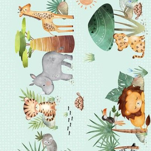 12” Jungle Walk (soft mint) Wild Animal Safari, Lion Elephant Giraffe Zebra Rhino Cheetah, 12” repeat, ROTATED