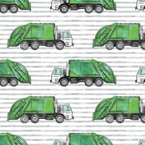 (med scale) Garbage truck / trash trucks - green on grey stripes - LAD20