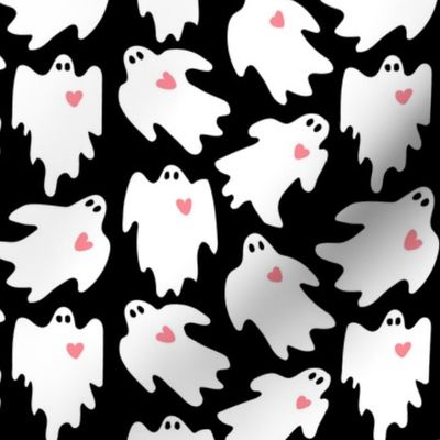Halloween Ghosts With Hearts - on black Fabric | Spoonflower