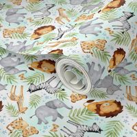 XS Jungle Animals (mint wash) - Kids Safari Animal Nursery Bedding, Lion Elephant Giraffe Zebra Rhino Cheetah, XS scale