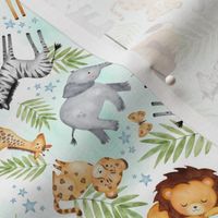 XS Jungle Animals (mint wash) - Kids Safari Animal Nursery Bedding, Lion Elephant Giraffe Zebra Rhino Cheetah, XS scale