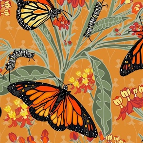 A Butterfly's Poison - Milkweed, Monarch butterflies and caterpillars on Artisan's gold (rich velvet like gold colour)#DD8A2E