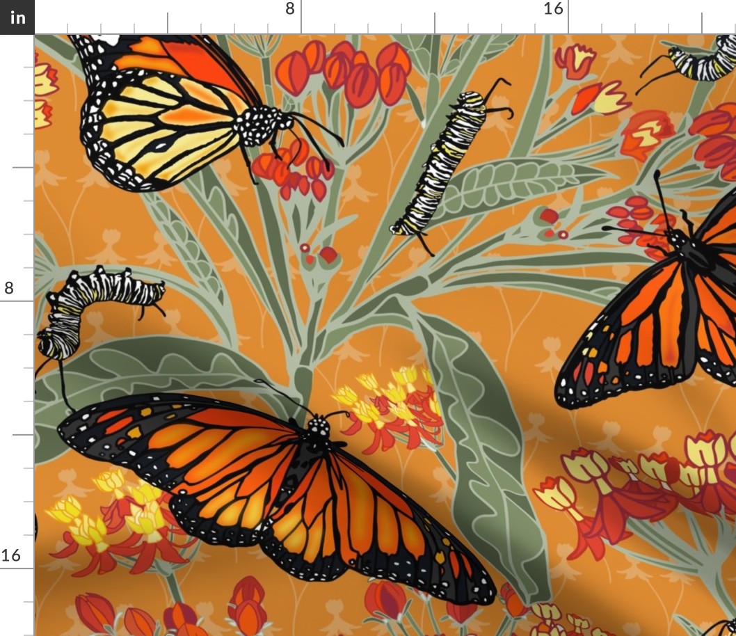 A Butterfly's Poison - Milkweed, Monarch butterflies and caterpillars on Artisan's gold (rich velvet like gold colour)#DD8A2E