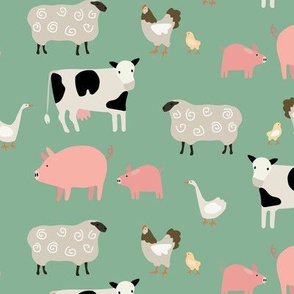 Farm Animals on Green - simple and hand drawn