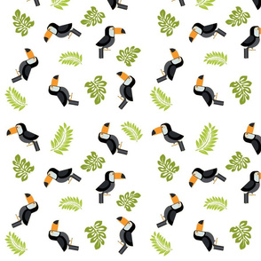 toucan black and white green leaves white bkg orange beak