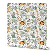 Jungle Friends (white) - Kids Safari Animal Nursery Bedding, Lion Elephant Giraffe Zebra Rhino Cheetah, SMALLER scale