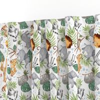 Jungle Friends (white) - Kids Safari Animal Nursery Bedding, Lion Elephant Giraffe Zebra Rhino Cheetah, SMALLER scale