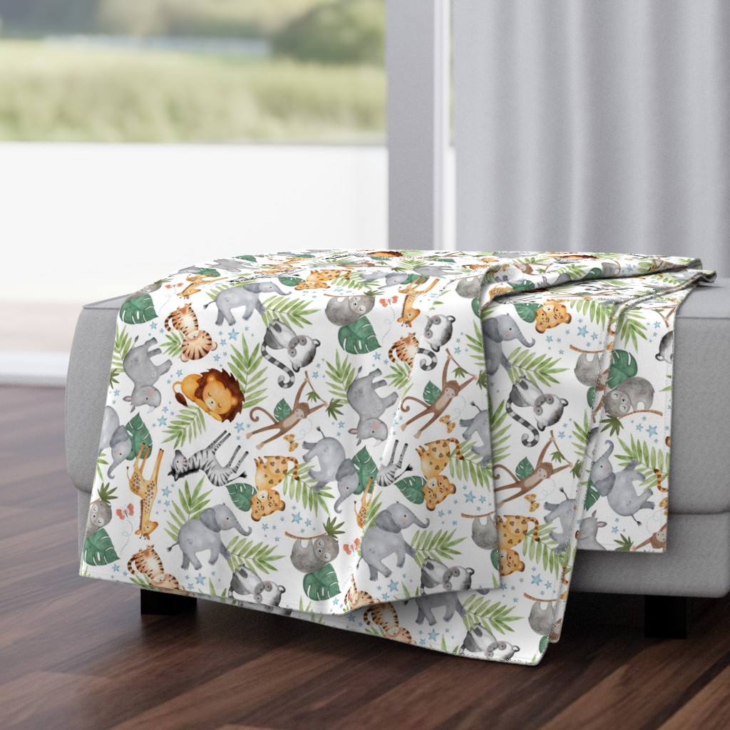 Jungle Friends (white) - Kids Safari Animal Nursery Bedding, Lion Elephant Giraffe Zebra Rhino Cheetah, LARGER scale