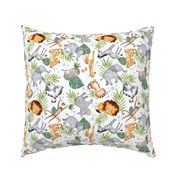 Jungle Friends (white) - Kids Safari Animal Nursery Bedding, Lion Elephant Giraffe Zebra Rhino Cheetah, LARGER scale