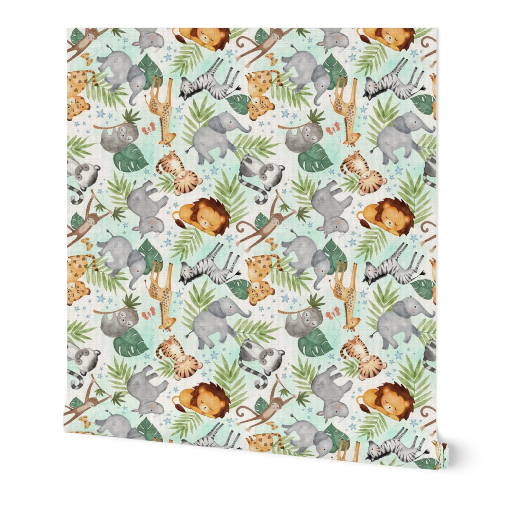 Jungle Friends (mint wash) - Kids Safari Animal Nursery Bedding, Lion Elephant Giraffe Zebra Rhino Cheetah, SMALLER scale