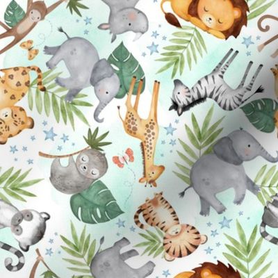 Jungle Friends (mint wash) - Kids Safari Animal Nursery Bedding, Lion Elephant Giraffe Zebra Rhino Cheetah, SMALLER scale