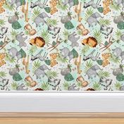 Jungle Friends (mint wash) - Kids Safari Animal Nursery Bedding, Lion Elephant Giraffe Zebra Rhino Cheetah, SMALLER scale