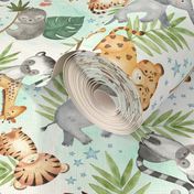 Jungle Friends (mint wash) - Kids Safari Animal Nursery Bedding, Lion Elephant Giraffe Zebra Rhino Cheetah, SMALLER scale