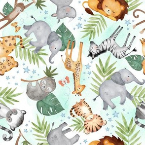 Jungle Friends (mint wash) - Kids Safari Animal Nursery Bedding, Lion Elephant Giraffe Zebra Rhino Cheetah, SMALLER scale