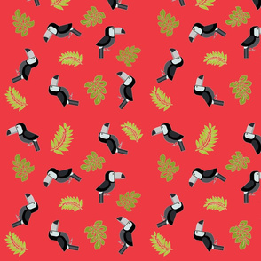 toucan black and white green leaves red bkg-ch