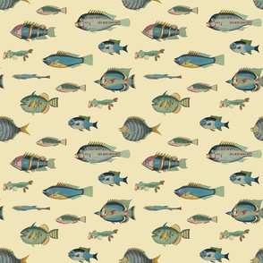 poissons, blue and green on yellow