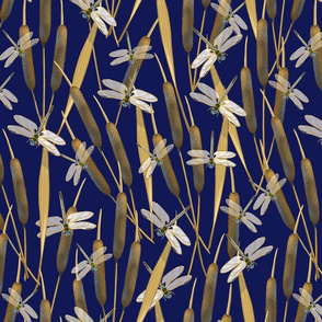 Dragonflies on Cattails | Navy