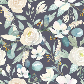 Watercolor Cream Roses on Dusky Blue - extra large scale 