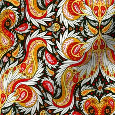 Paisley Pattern in Red, Yellow, Orange, Black & White