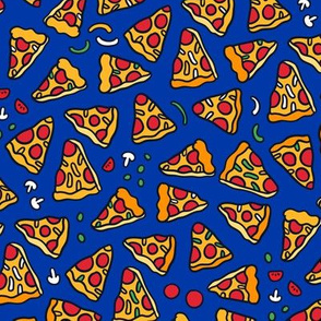 Medium scale. Pizza pattern. Cartoon Italian food design. Blue.