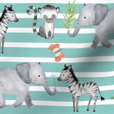 Jungle Animals - Elephant, Zebra, Lemur (cool breeze stripe) 12" repeat