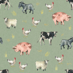 Gentle Farm Animals on Green Linen - Medium Scale