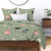 Gentle Farm Animals on Green Linen - Larger Scale