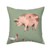 Gentle Farm Animals on Green Linen - Larger Scale