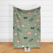 Gentle Farm Animals on Green Linen - Larger Scale