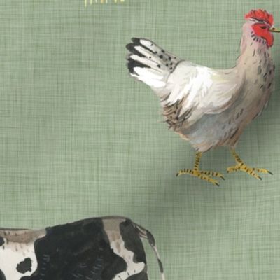 Gentle Farm Animals on Green Linen - Larger Scale