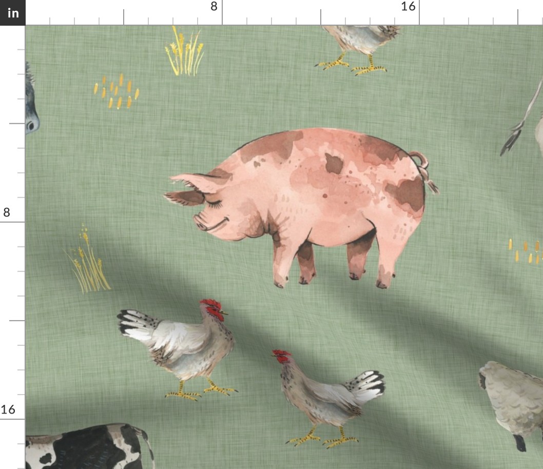 Gentle Farm Animals on Green Linen - Larger Scale