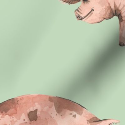 Gentle Pigs on Pale Green - Larger Scale