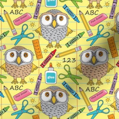 large owls at school on yellow